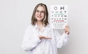Doctor showing signboard for healthy eyes